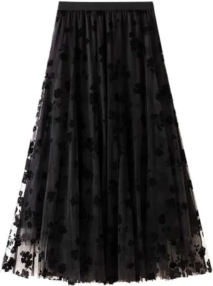 Women's Sweet Heart Print Elastic Waist Swing Dance Tulle Long Skirt