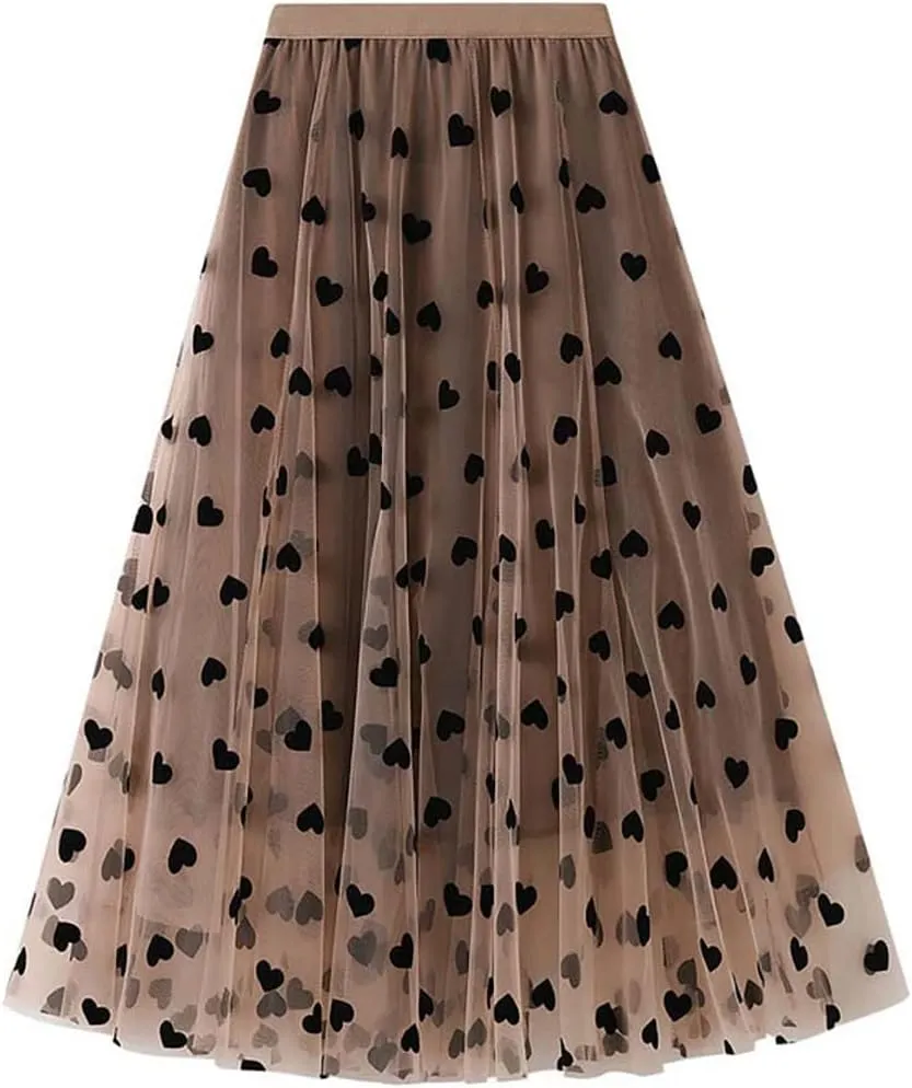 Women's Sweet Heart Print Elastic Waist Swing Dance Tulle Long Skirt