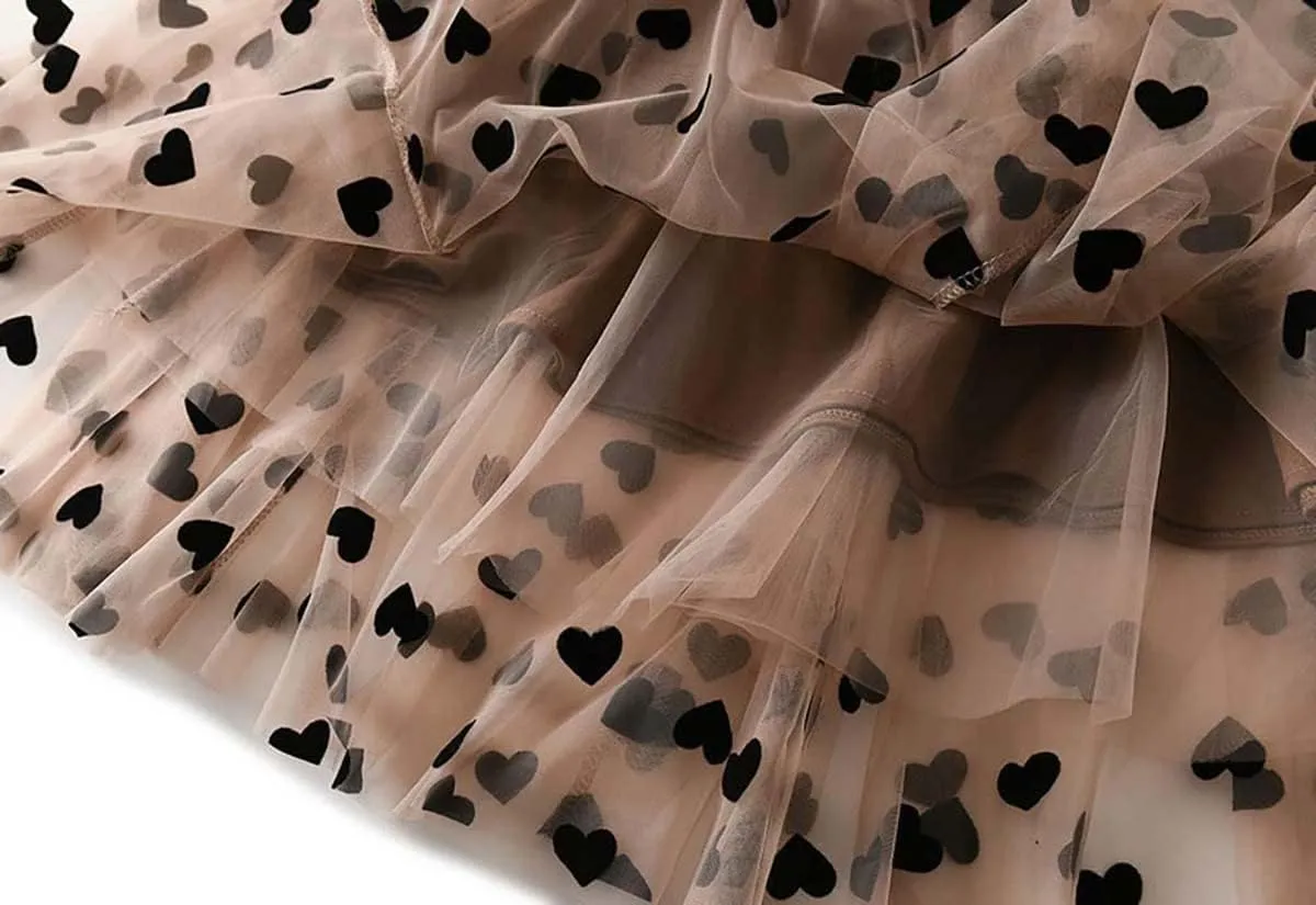 Women's Sweet Heart Print Elastic Waist Swing Dance Tulle Long Skirt