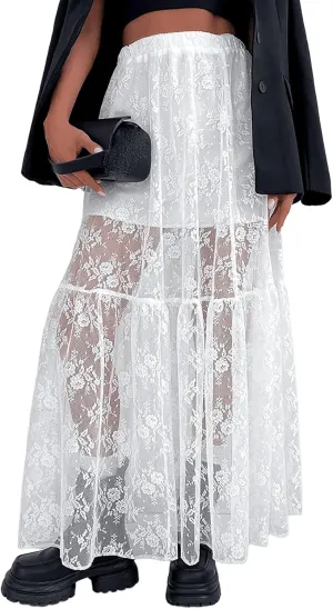 Women's Vintage Floral Lace Maxi Skirt Sheer Mesh See Through Cover up Long Skirts