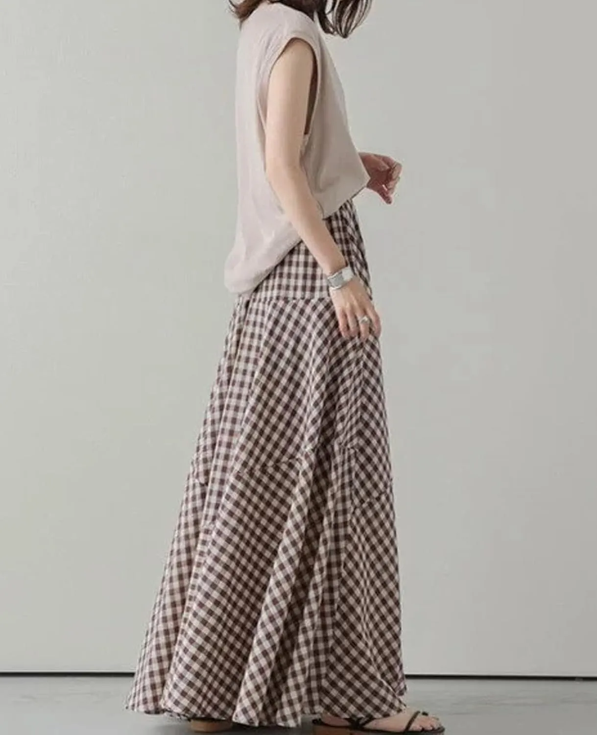 Womens Vintage Plaid Long Skirts Gingham A Line Summer Spring High Elastic Waisted Pleated Flowy Swing Midi Skirt