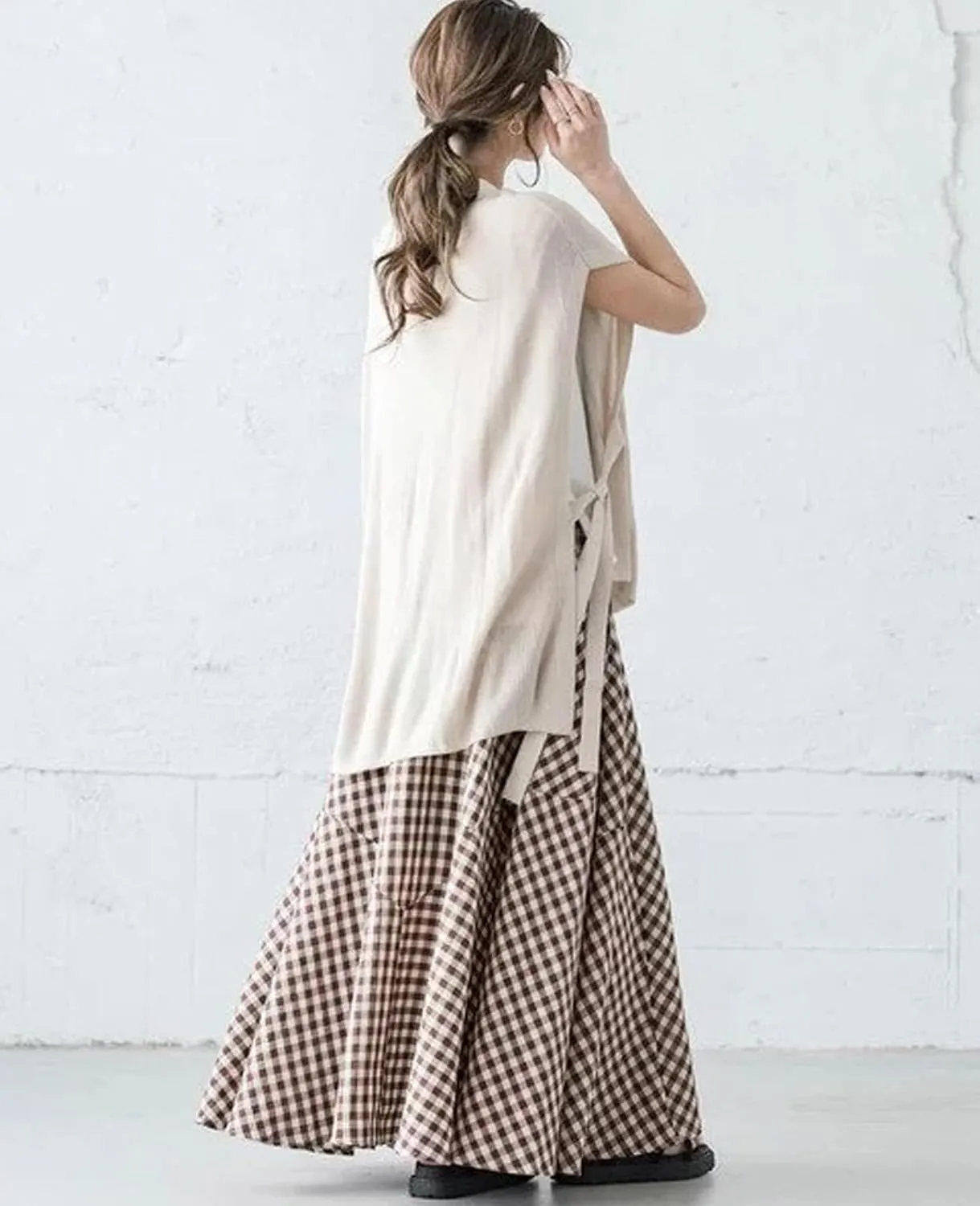 Womens Vintage Plaid Long Skirts Gingham A Line Summer Spring High Elastic Waisted Pleated Flowy Swing Midi Skirt