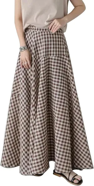 Womens Vintage Plaid Long Skirts Gingham A Line Summer Spring High Elastic Waisted Pleated Flowy Swing Midi Skirt