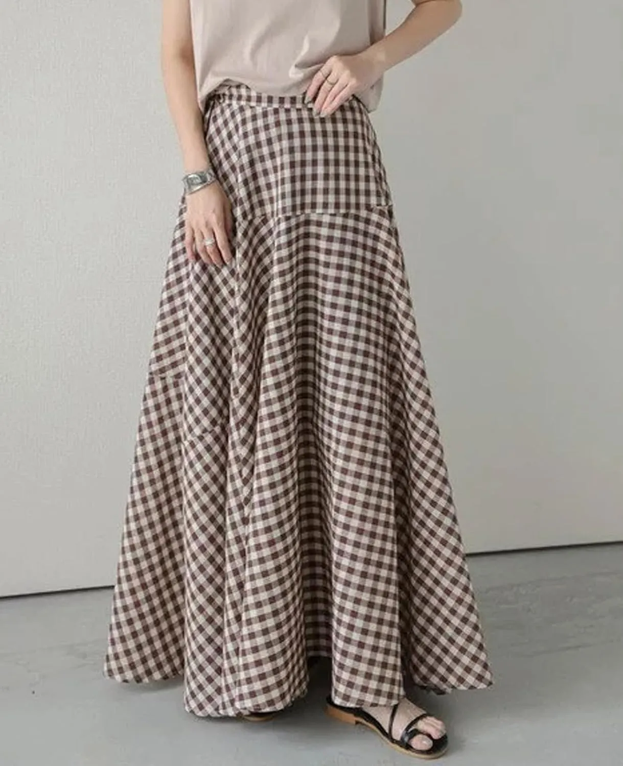 Womens Vintage Plaid Long Skirts Gingham A Line Summer Spring High Elastic Waisted Pleated Flowy Swing Midi Skirt