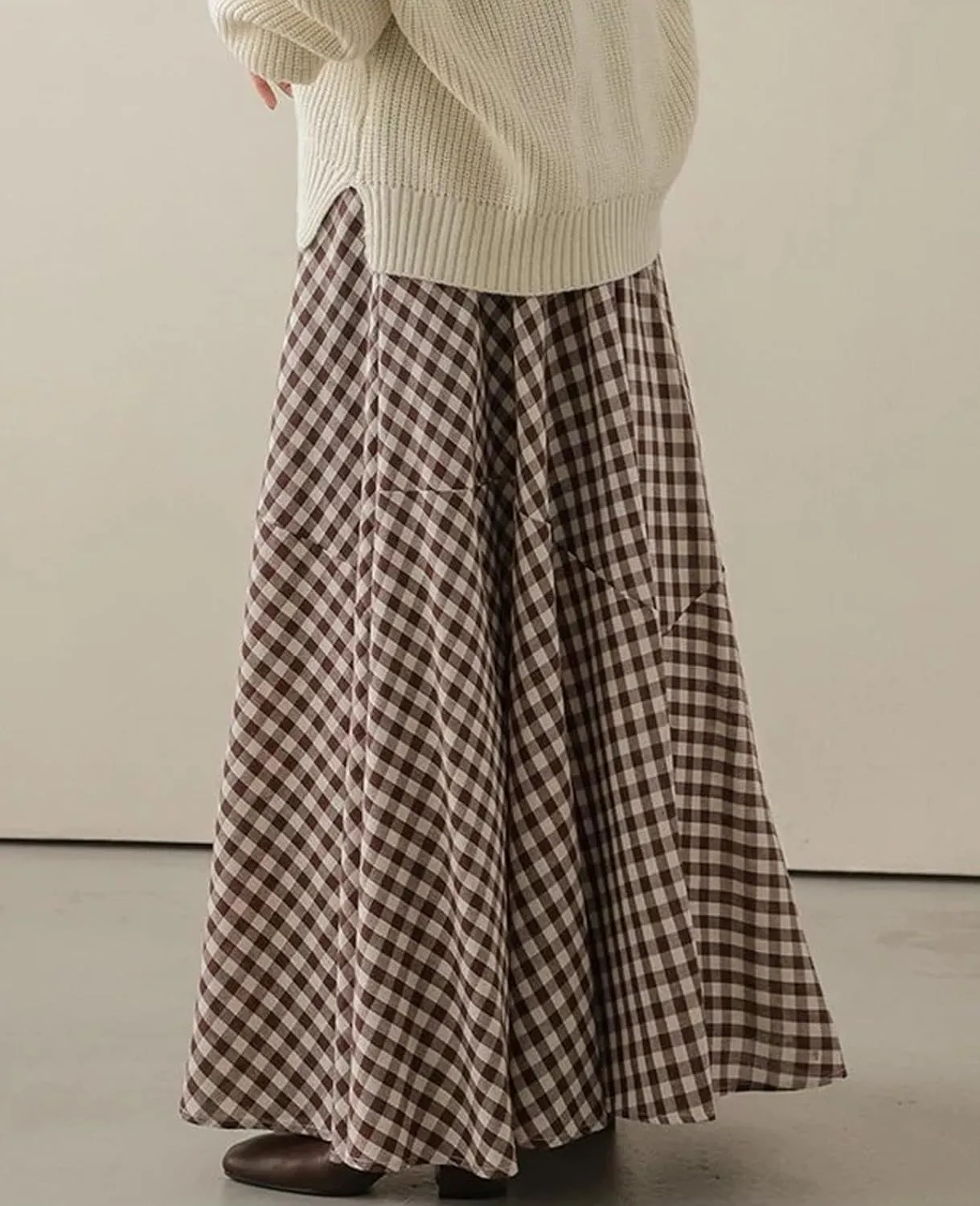 Womens Vintage Plaid Long Skirts Gingham A Line Summer Spring High Elastic Waisted Pleated Flowy Swing Midi Skirt
