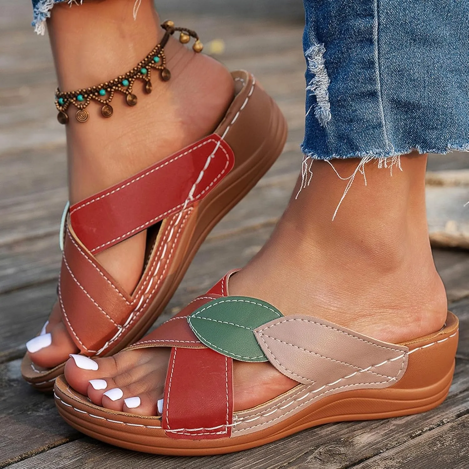Womens Wedge Orthopedic Sandals Crisscross Strap Open Toe Summer Shoes Casual Boho Comfortable Orthopedic Sandals with Arch Support