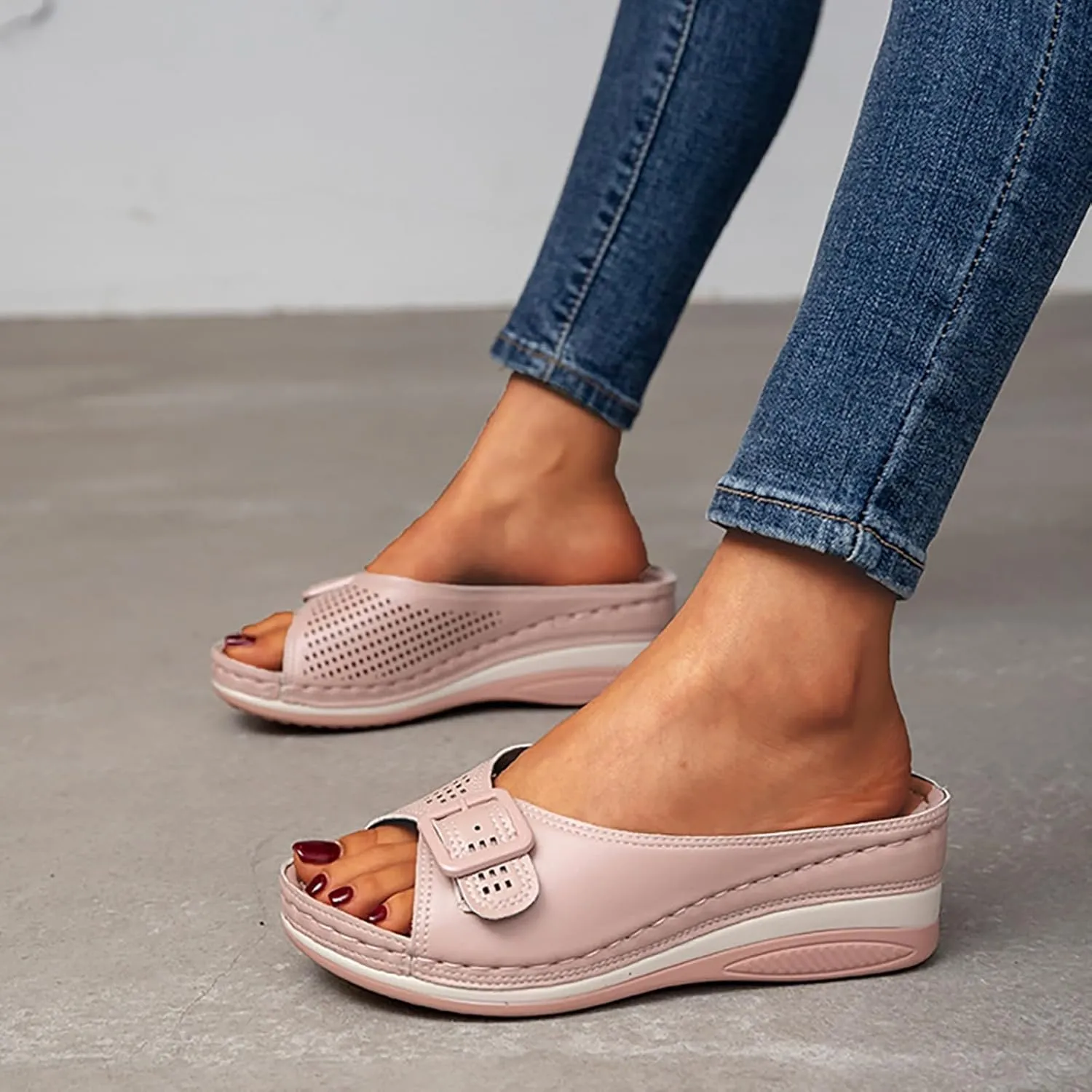 Womens Wedge Sandals Orthopedic Slippers for Women Open Toe Slip On Platform Slippers, Hollow Out Buckle Breathable Sandals Beach Comfortable Platform Wedges