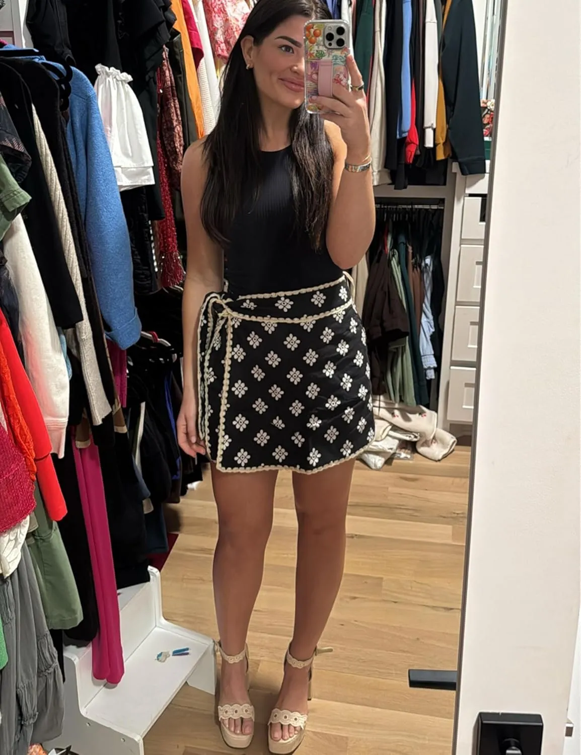 Womens Wrap Skort Printed Skirt Elastic Waist Short Mini Skirts with Side Tie