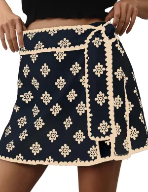 Womens Wrap Skort Printed Skirt Elastic Waist Short Mini Skirts with Side Tie
