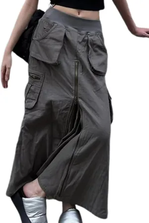 Women's Y2K Cargo Skirts A-line Maxi Low Elastic Waist Vintage Skirts with Flap Pockets Streetwear