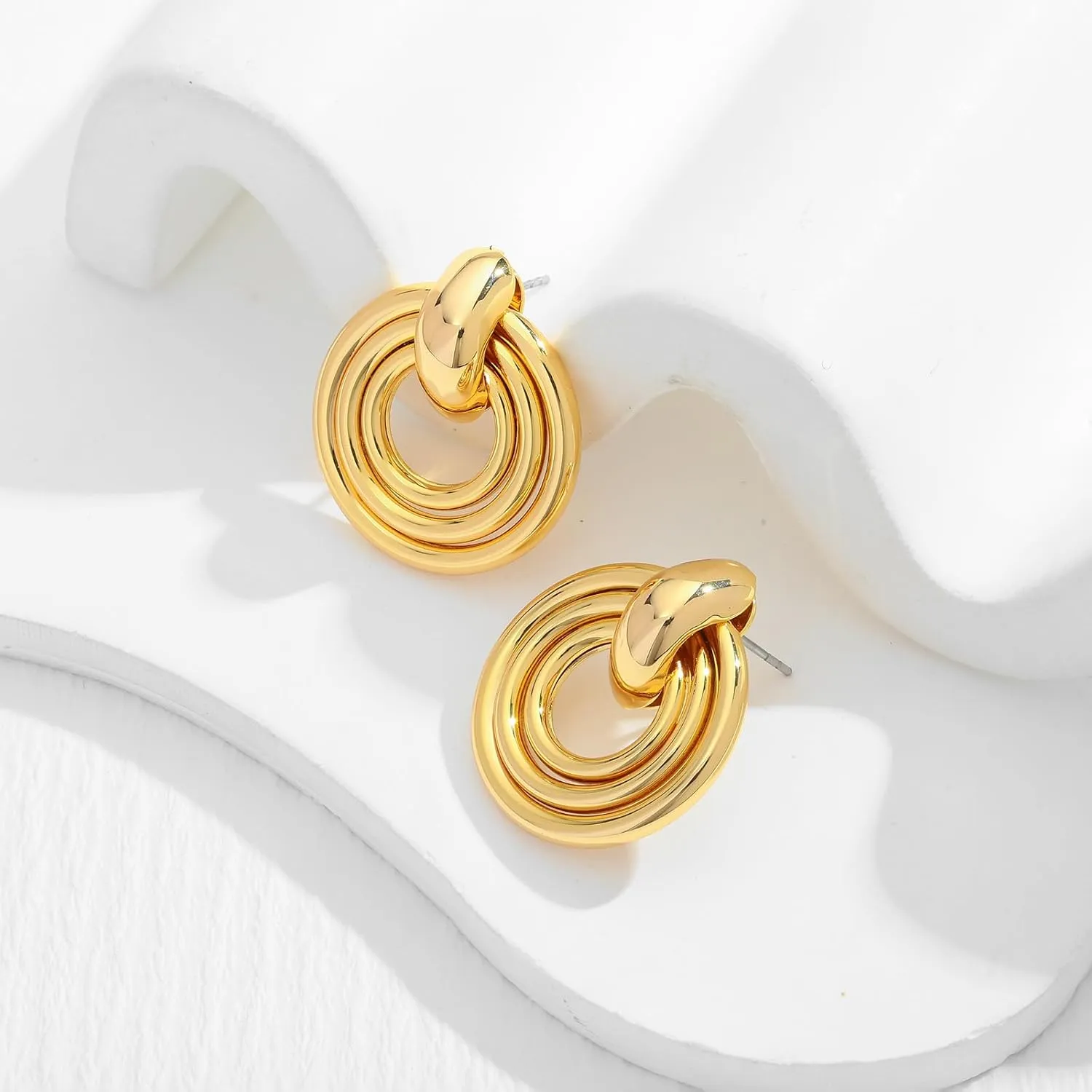 WOWORAMA Double Circle Drop Earrings for Women Gold Silver Geometric Hoop Dangle Earrings Round Circle Hoop Earrings Lightweight Statement Hoop Earrings