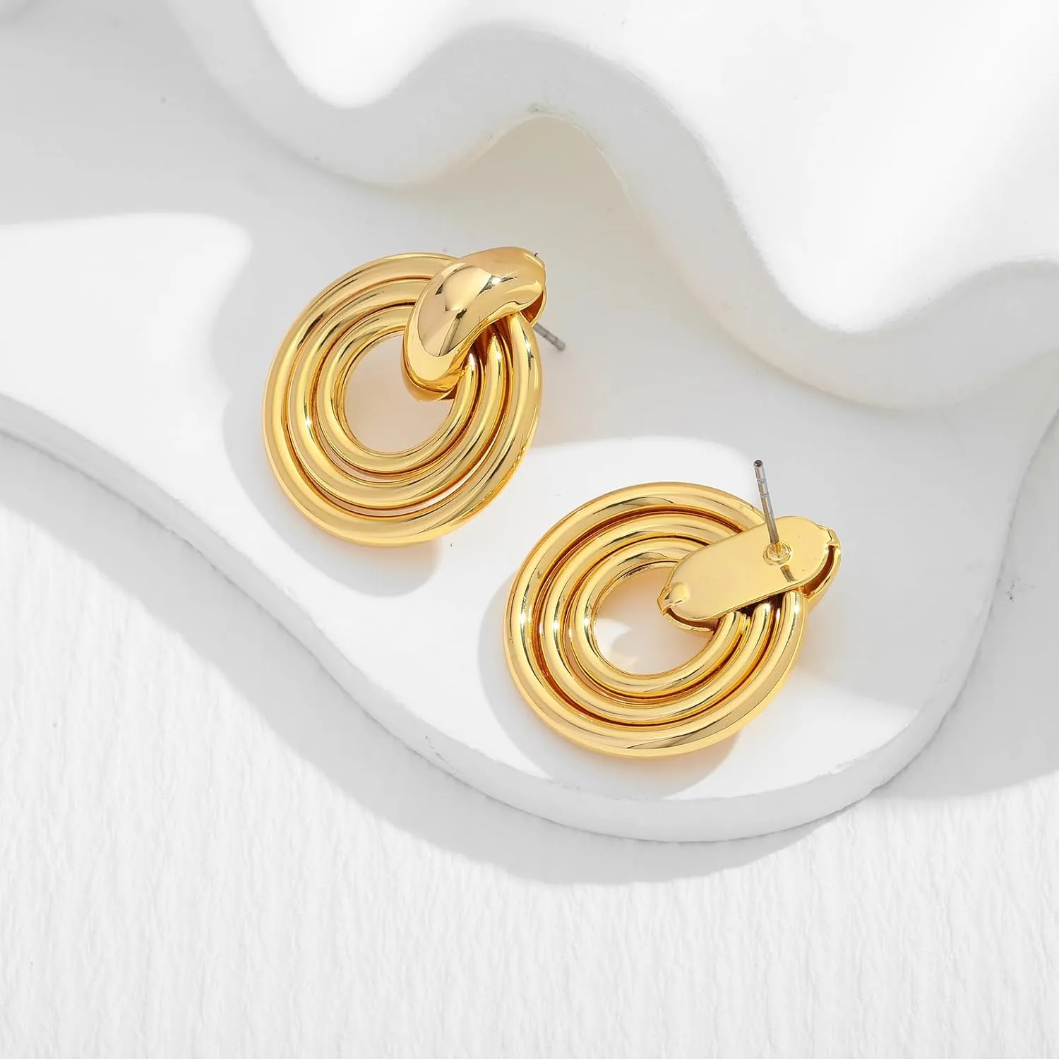 WOWORAMA Double Circle Drop Earrings for Women Gold Silver Geometric Hoop Dangle Earrings Round Circle Hoop Earrings Lightweight Statement Hoop Earrings