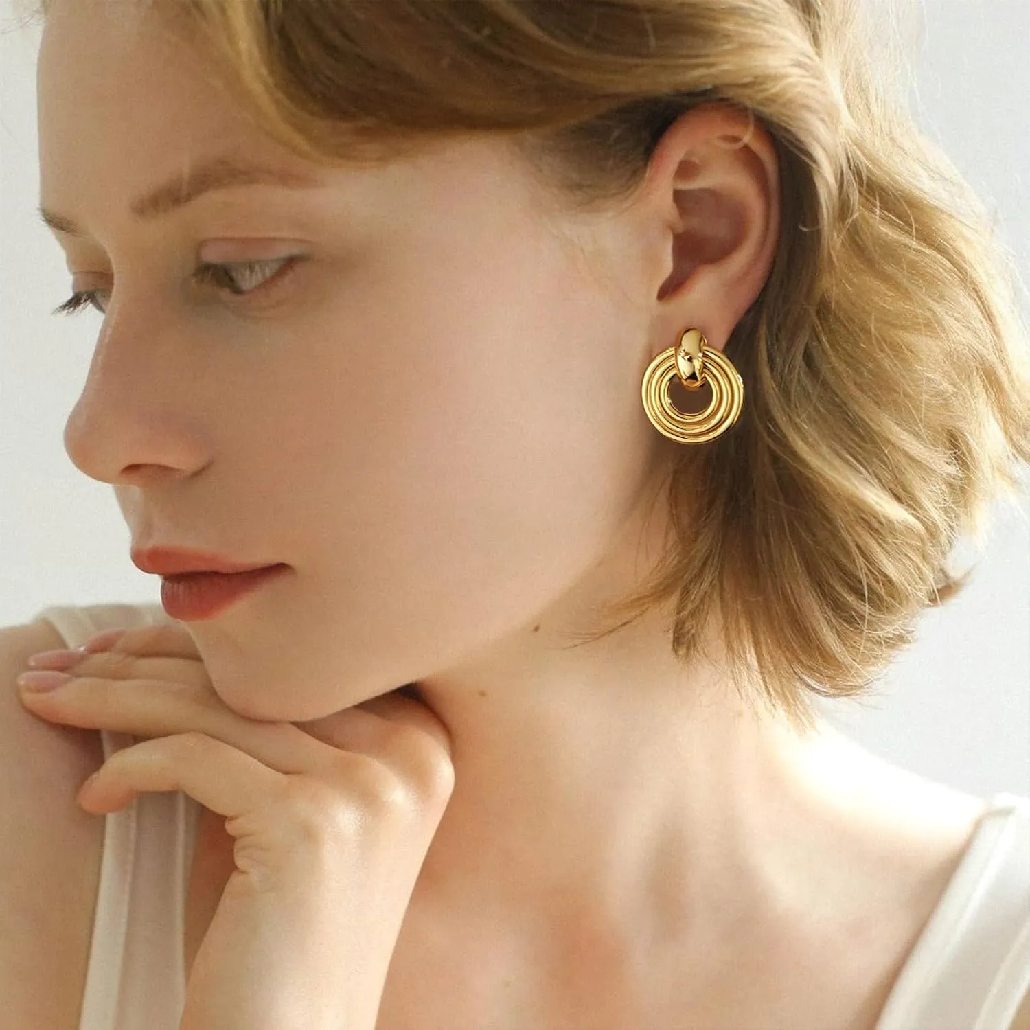 WOWORAMA Double Circle Drop Earrings for Women Gold Silver Geometric Hoop Dangle Earrings Round Circle Hoop Earrings Lightweight Statement Hoop Earrings