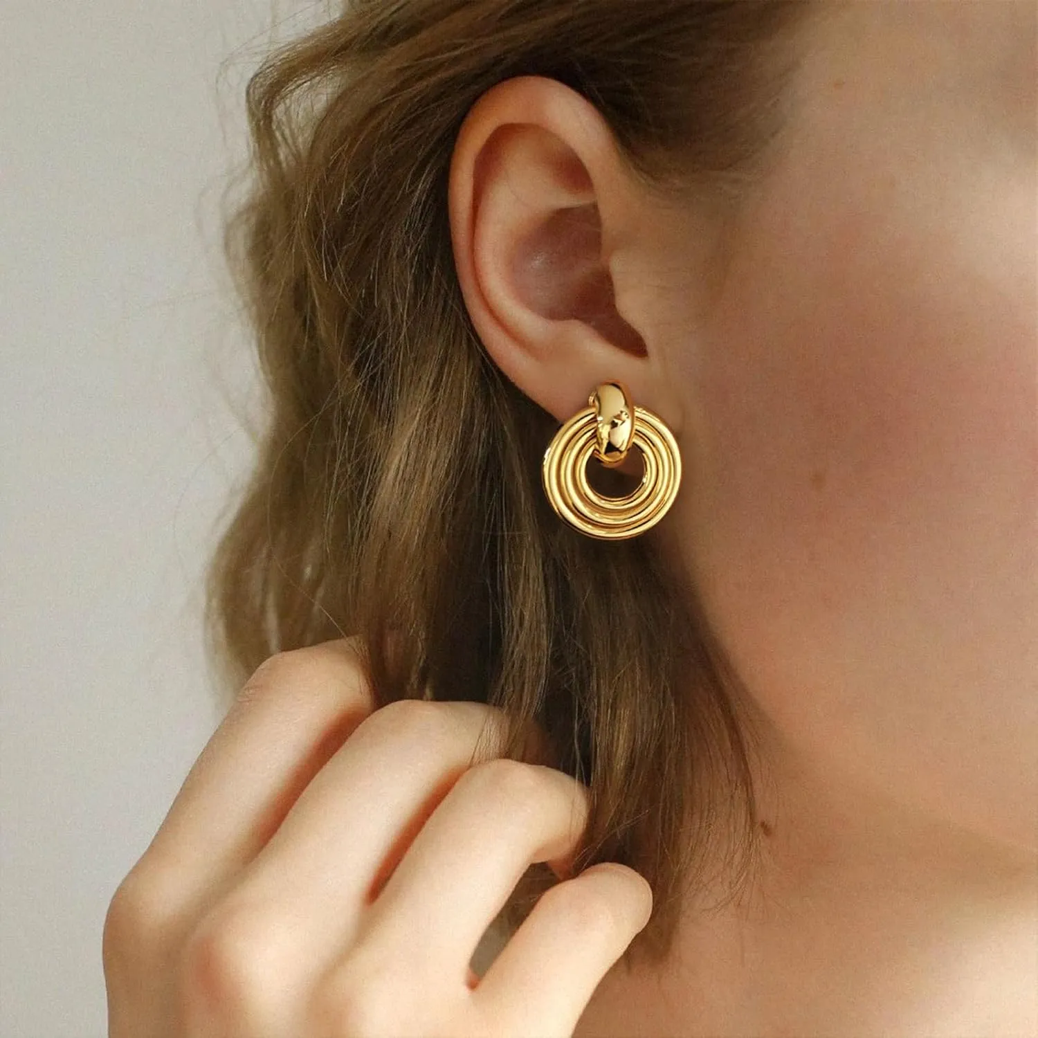 WOWORAMA Double Circle Drop Earrings for Women Gold Silver Geometric Hoop Dangle Earrings Round Circle Hoop Earrings Lightweight Statement Hoop Earrings