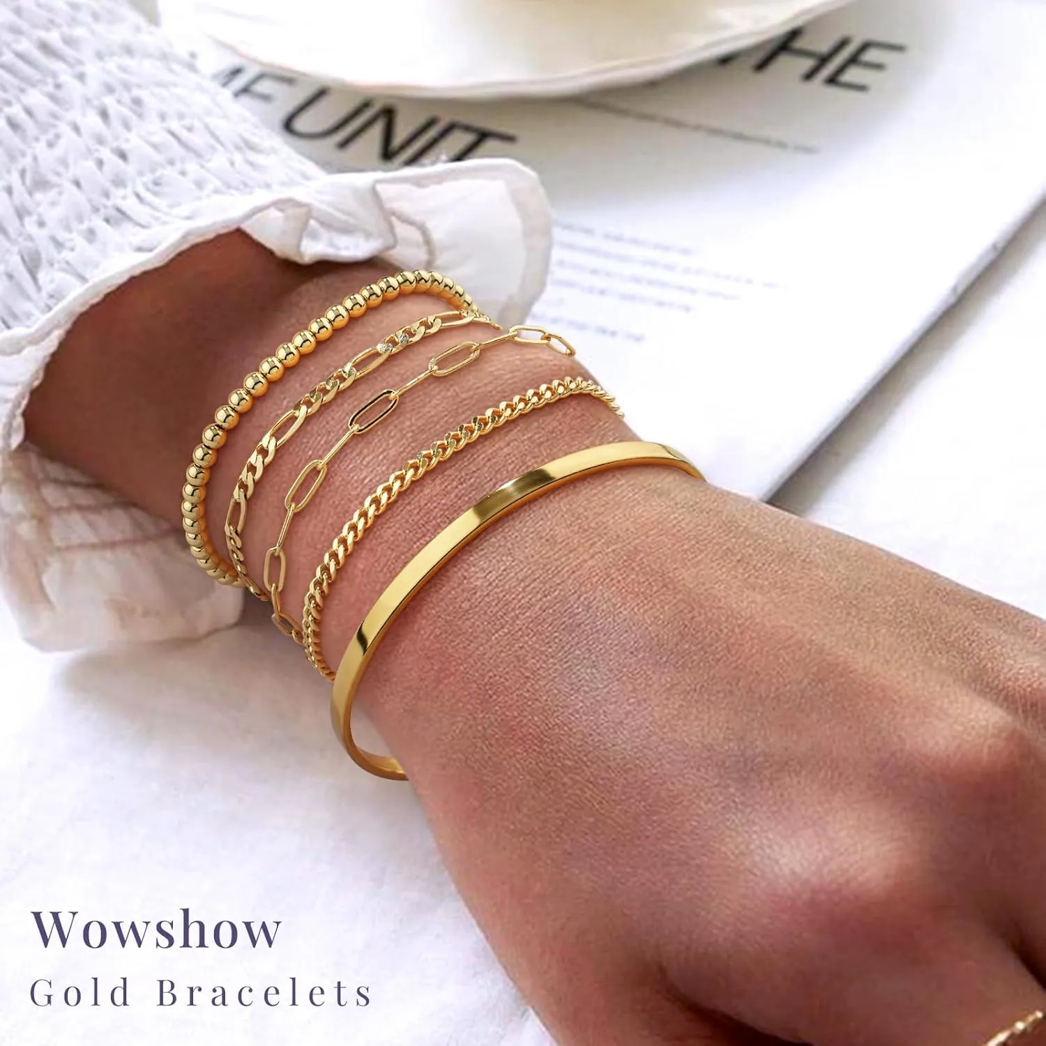 Wowshow Gold Bracelets for Women Bracelet Stack Set 14K Real Gold Plated Link Charm Bracelet Dainty Link Chain Stackable Charm Bracelets Adjustable Bangle Cuff Bracelet Pack Jewelry Gifts for Women