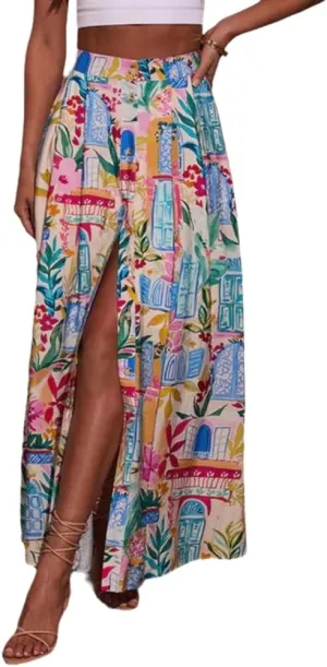 Wuitrie Maxi Skirt with Slit for Women Floral Printed High Waist High Split Long Skirts Summer Vocation Outfits