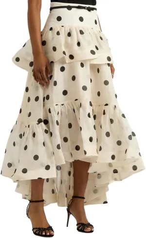 Wuitrie Polka Dot Long Skirt for Women 2025 Trendy Spring Summer Ruffle Irregular Medium Long Pleated Skirts