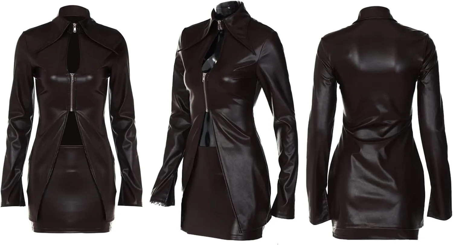 xxxiticat Women's Faux Leather Skirt Co-Ords Zipper Down Hollow Out Cardigan Jacket Low Rise PU Skirt 2pcs Matching Sets