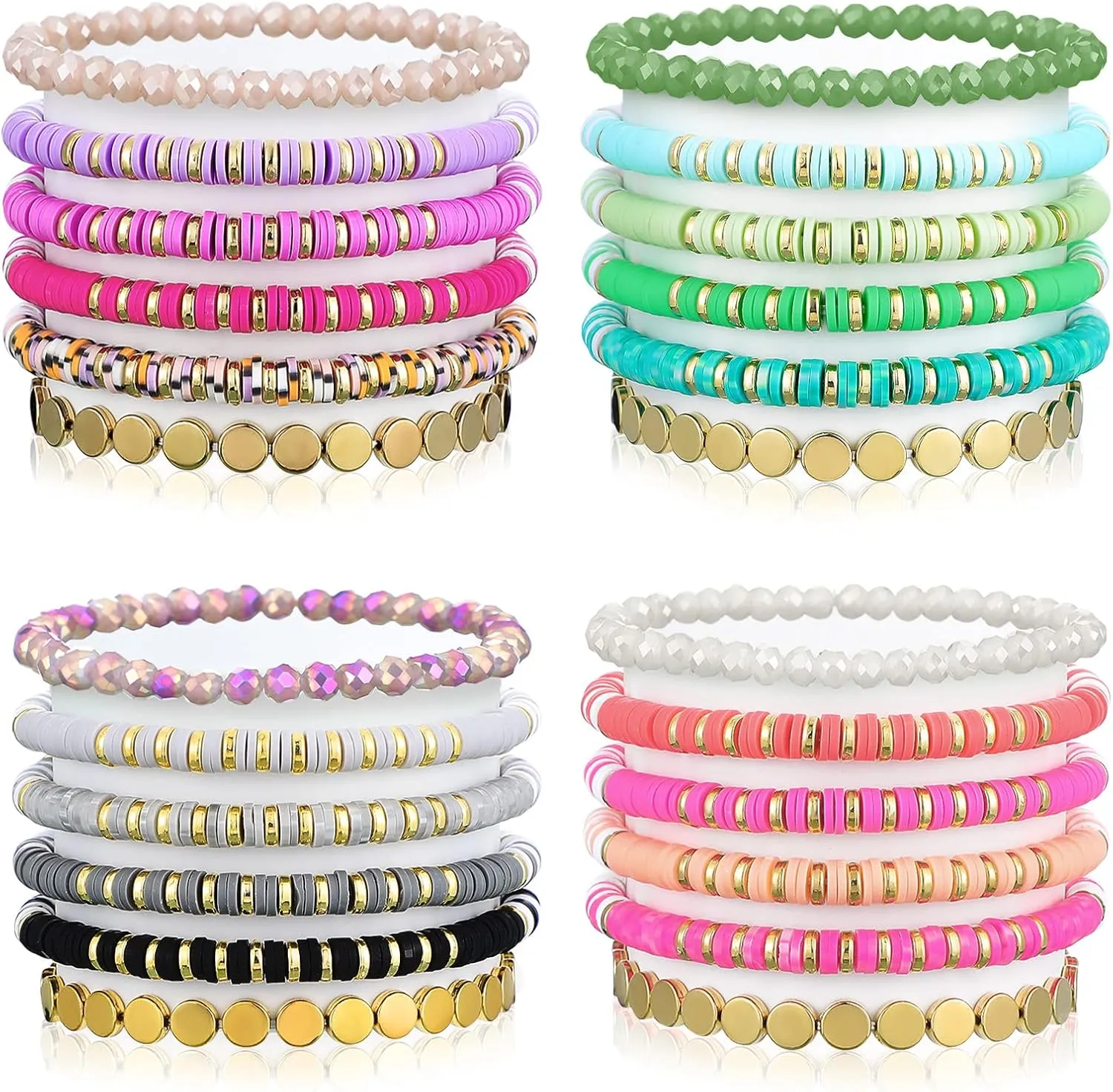 Yaomiao 28 Pcs 4 Set Heishi Surfer Bracelets Set for Women Colorful Preppy Beaded Stretch Bracelet Friendship Bracelets Clay Stackable Boho Disc Party Y2k Aesthetic Beach Jewelry Gift