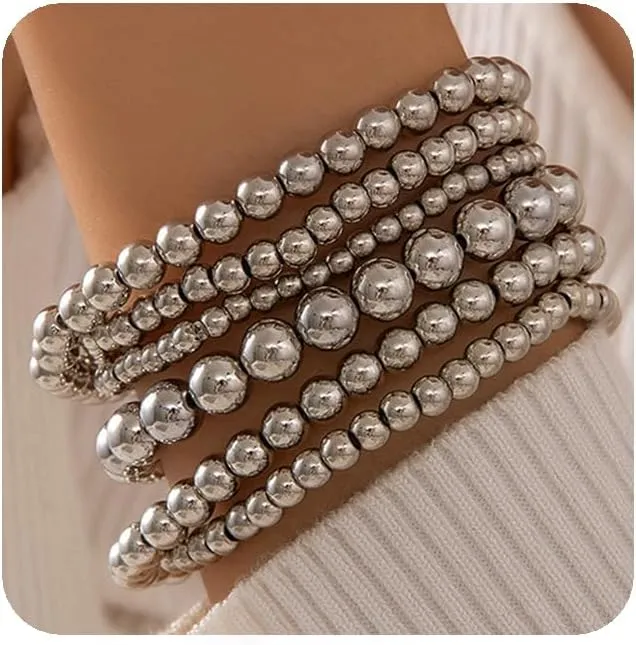 YERTTER Punk Silver Bead Stretch Bracelet Set Stackable Bead Bangle Bracelets Set of 6 Hip Hop Bangle for Women