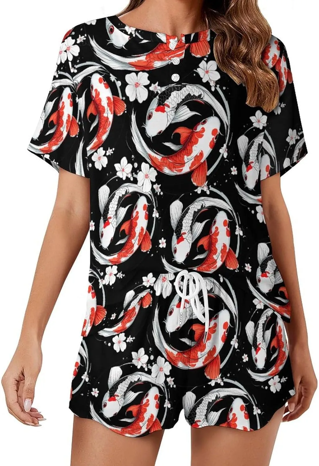 Yin-Yang Japanese Fish Pajamas for Women Set Short Sleeve Top And Shorts Lounge Sleepwear Loungewear 2Pcs Pj Sets