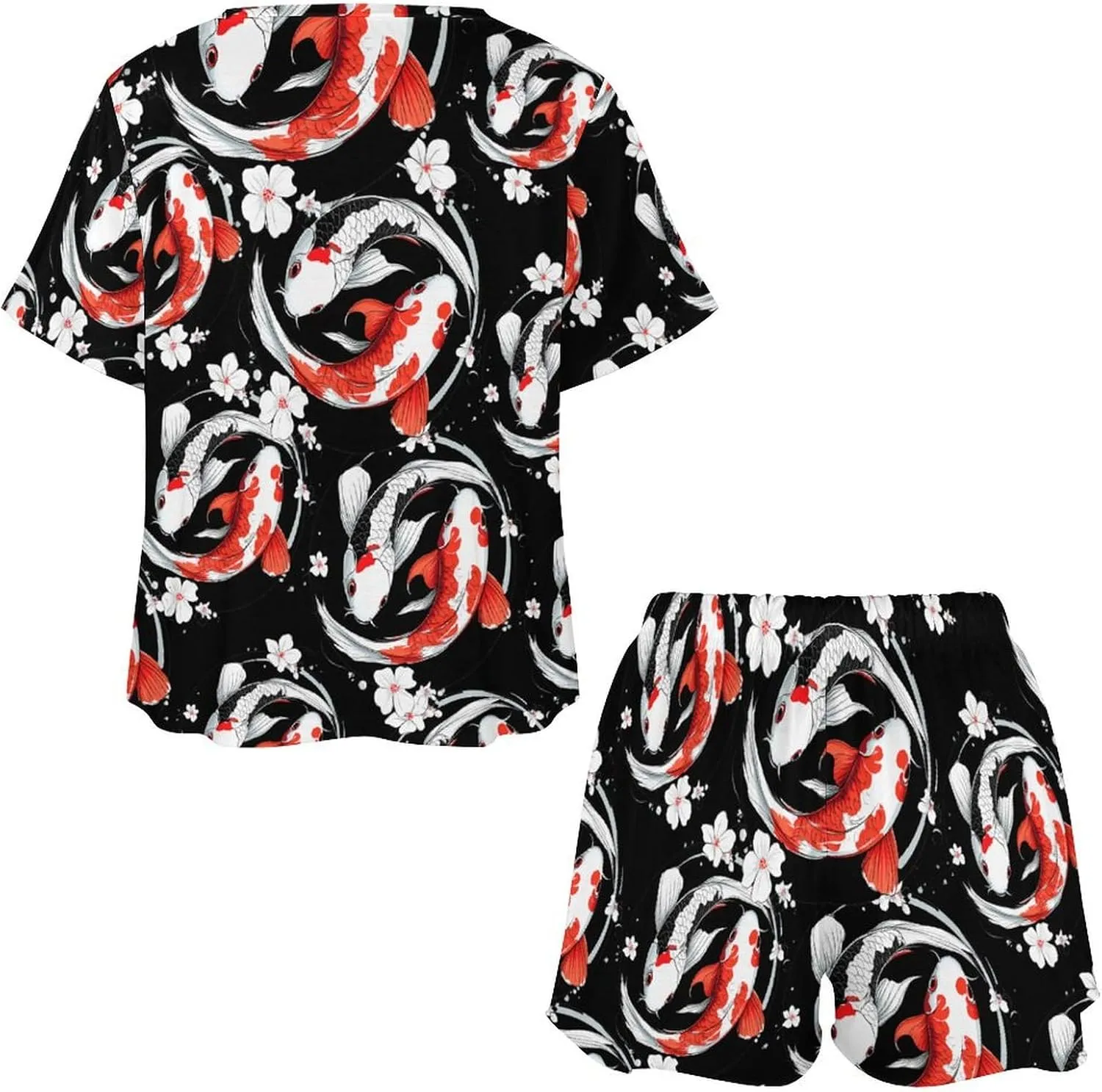 Yin-Yang Japanese Fish Pajamas for Women Set Short Sleeve Top And Shorts Lounge Sleepwear Loungewear 2Pcs Pj Sets