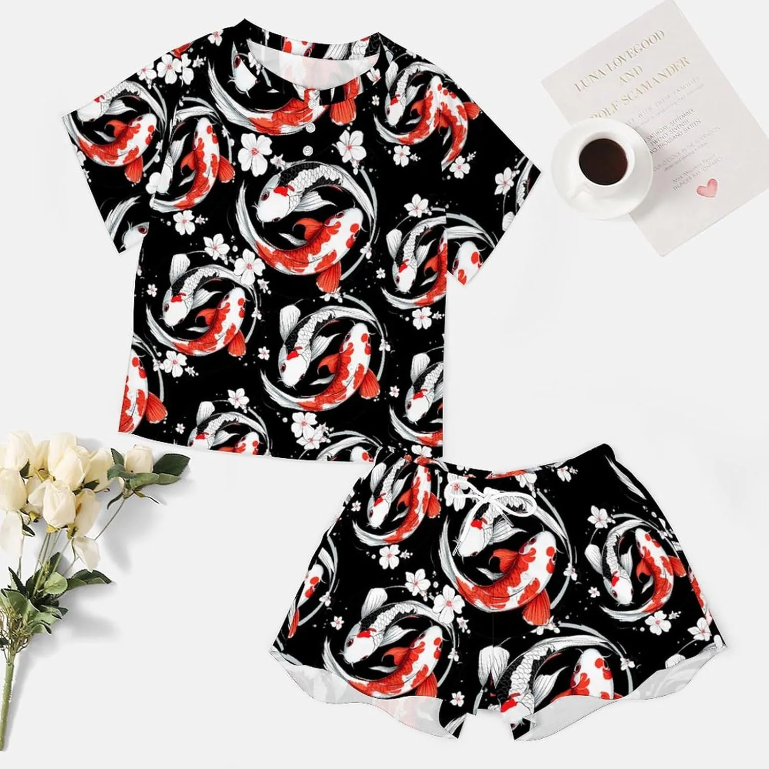 Yin-Yang Japanese Fish Pajamas for Women Set Short Sleeve Top And Shorts Lounge Sleepwear Loungewear 2Pcs Pj Sets