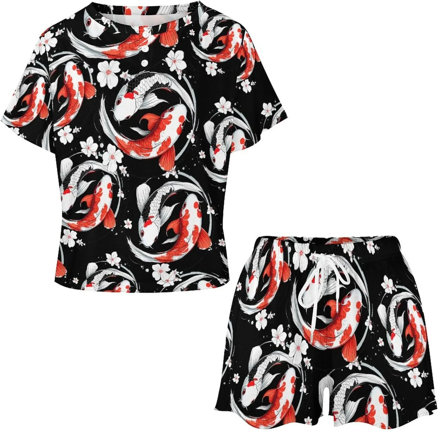 Yin-Yang Japanese Fish Pajamas for Women Set Short Sleeve Top And Shorts Lounge Sleepwear Loungewear 2Pcs Pj Sets