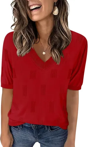 Yincro Womens Short Sleeve Sweaters Fall Summer Tops V Neck Lightweight Knit Pullovers