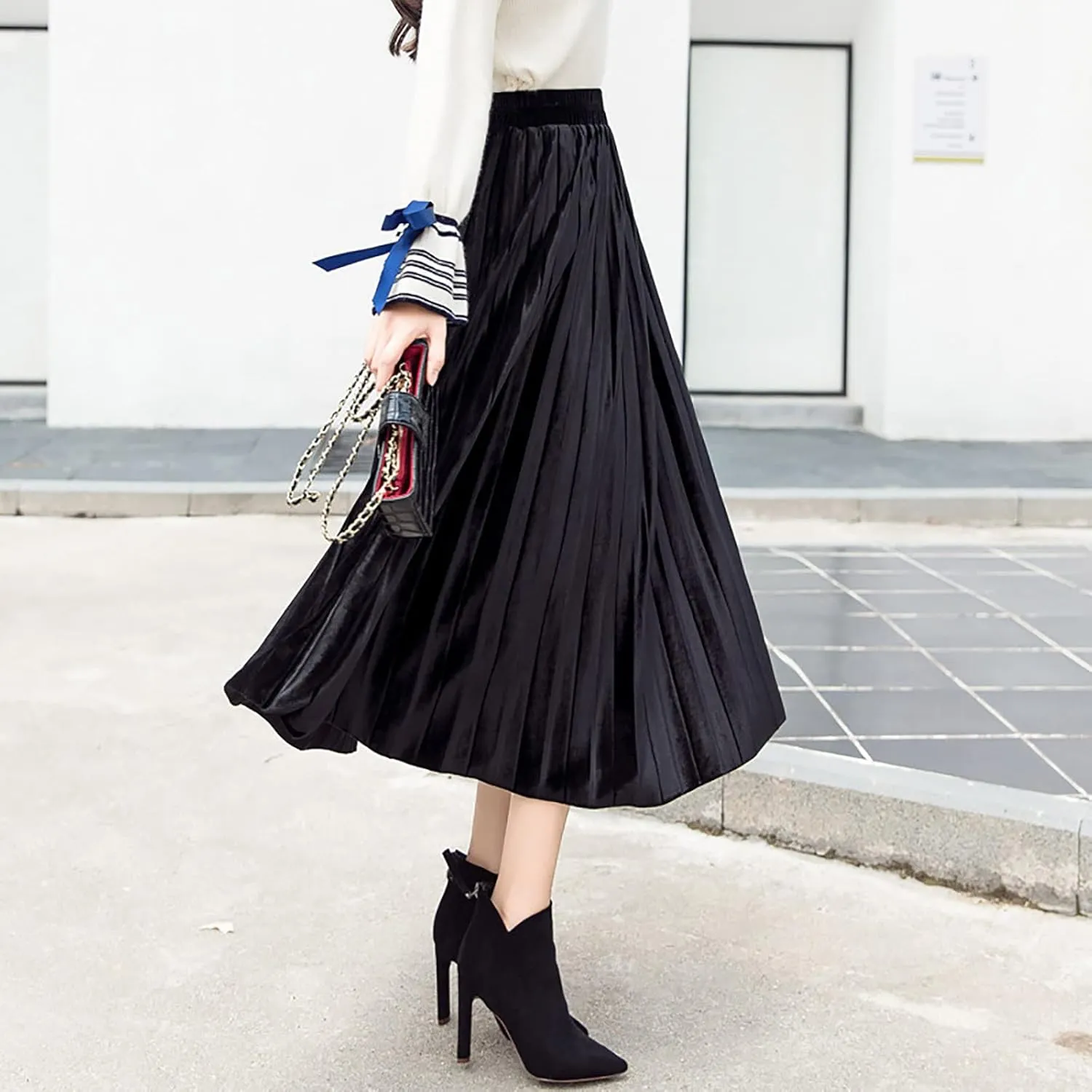 yoeasy Women Gold Velvet Pleated Long Skirts High Elastic Waist Swing Ruffled A Line Midi Skirts