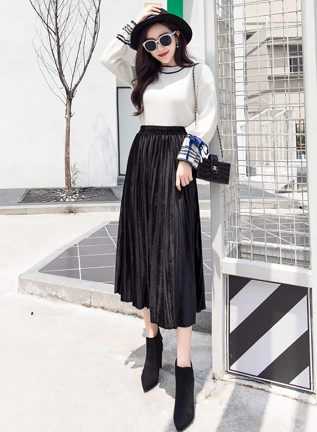 yoeasy Women Gold Velvet Pleated Long Skirts High Elastic Waist Swing Ruffled A Line Midi Skirts