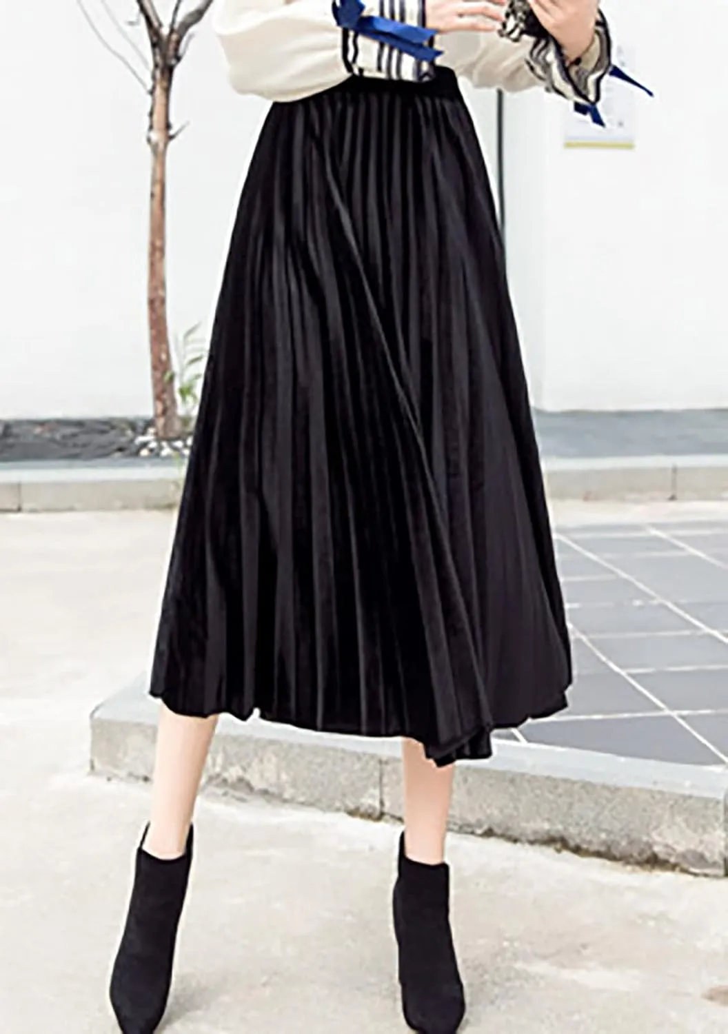 yoeasy Women Gold Velvet Pleated Long Skirts High Elastic Waist Swing Ruffled A Line Midi Skirts