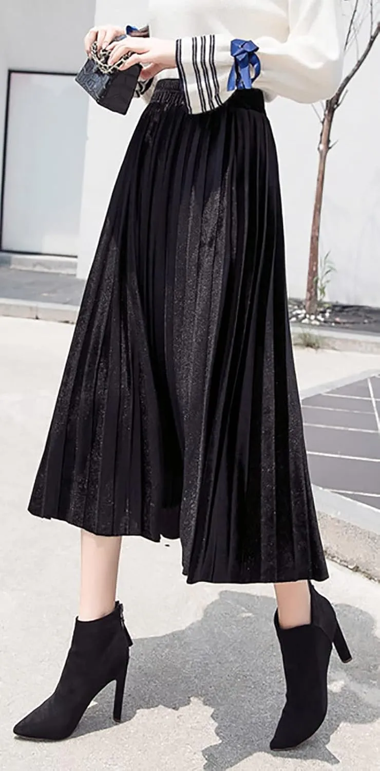 yoeasy Women Gold Velvet Pleated Long Skirts High Elastic Waist Swing Ruffled A Line Midi Skirts