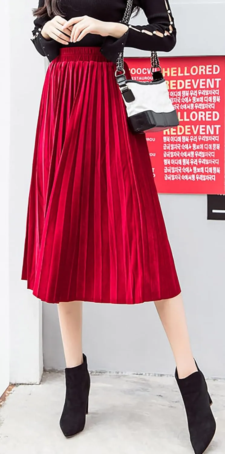 yoeasy Women Gold Velvet Pleated Long Skirts High Elastic Waist Swing Ruffled A Line Midi Skirts
