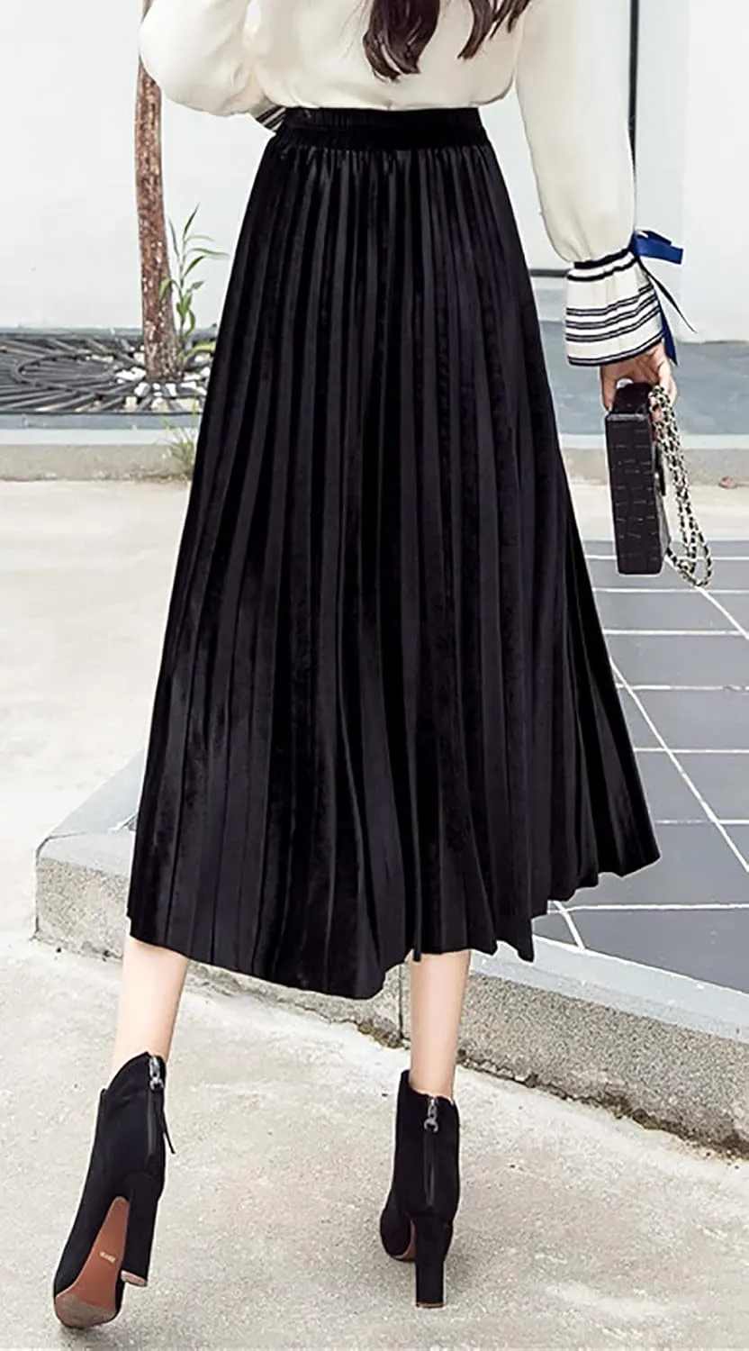 yoeasy Women Gold Velvet Pleated Long Skirts High Elastic Waist Swing Ruffled A Line Midi Skirts