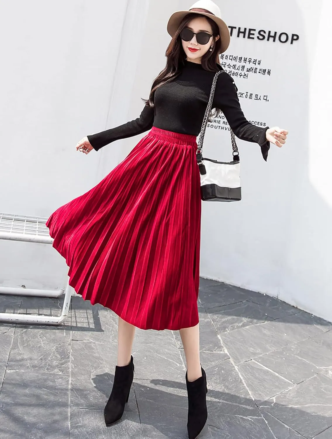 yoeasy Women Gold Velvet Pleated Long Skirts High Elastic Waist Swing Ruffled A Line Midi Skirts