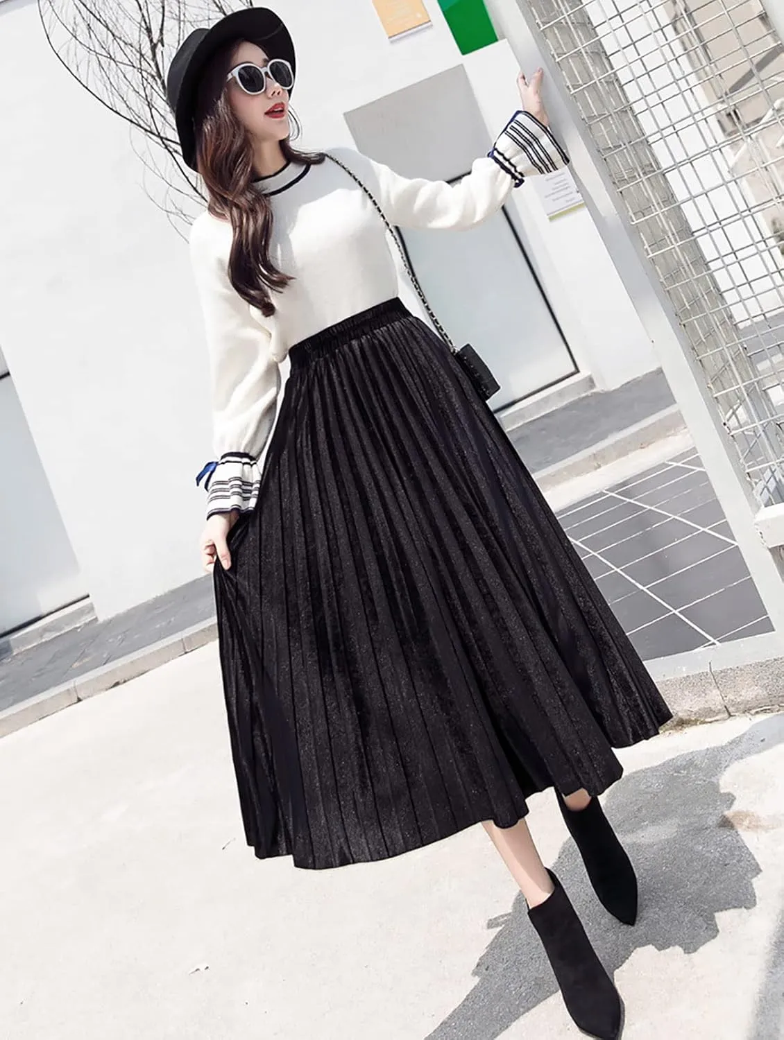 yoeasy Women Gold Velvet Pleated Long Skirts High Elastic Waist Swing Ruffled A Line Midi Skirts