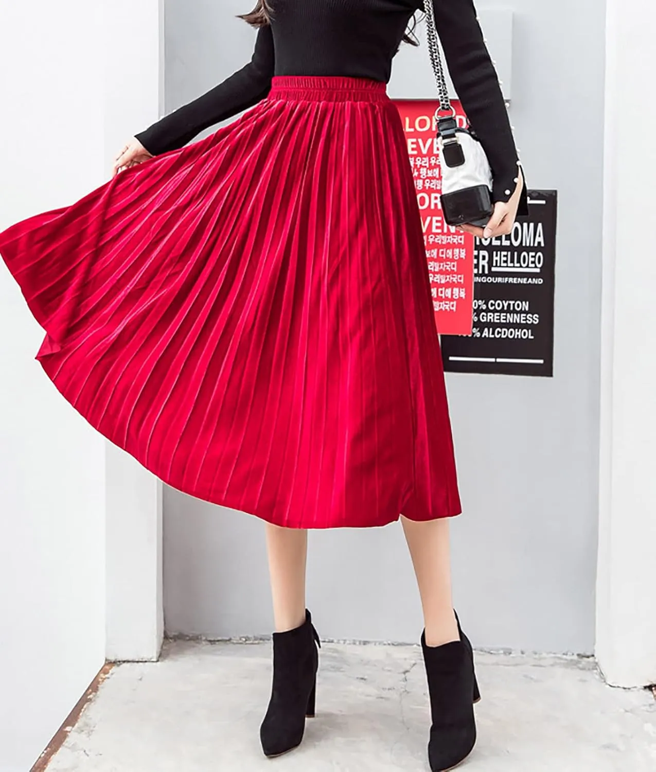 yoeasy Women Gold Velvet Pleated Long Skirts High Elastic Waist Swing Ruffled A Line Midi Skirts