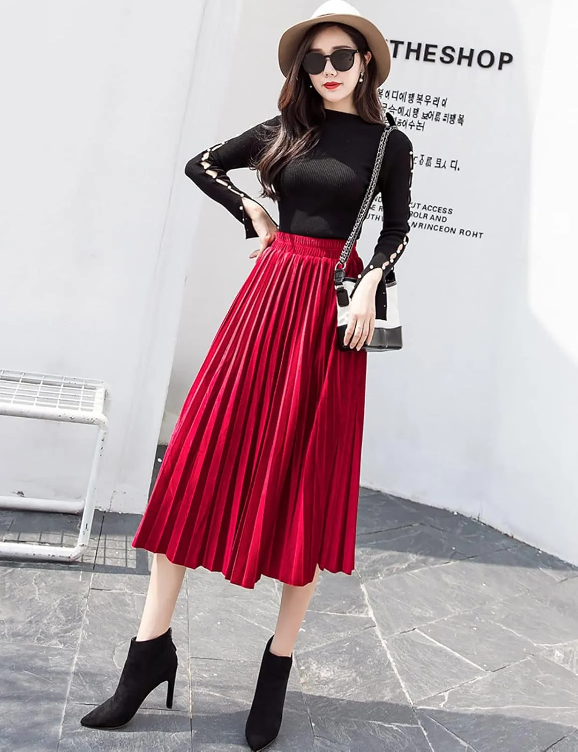 yoeasy Women Gold Velvet Pleated Long Skirts High Elastic Waist Swing Ruffled A Line Midi Skirts