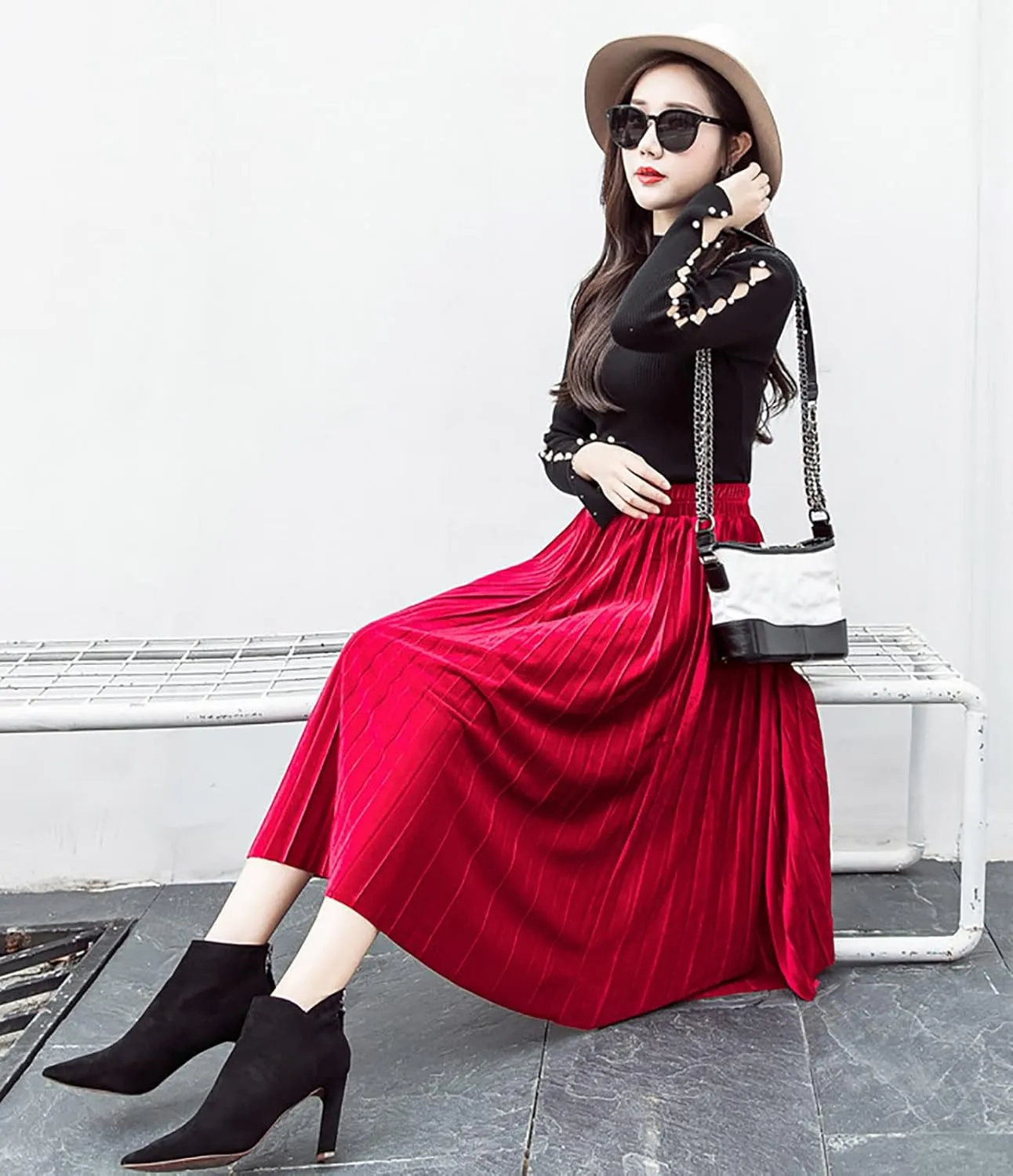 yoeasy Women Gold Velvet Pleated Long Skirts High Elastic Waist Swing Ruffled A Line Midi Skirts