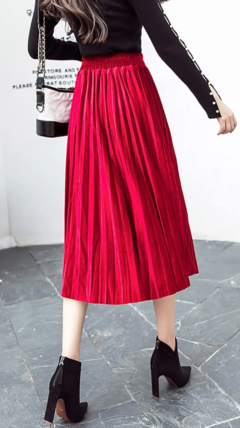 yoeasy Women Gold Velvet Pleated Long Skirts High Elastic Waist Swing Ruffled A Line Midi Skirts