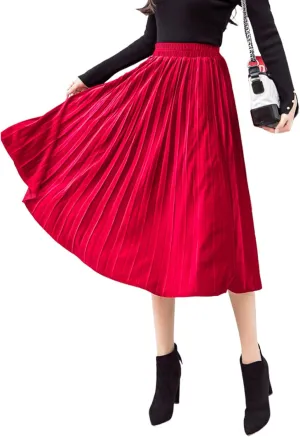 yoeasy Women Gold Velvet Pleated Long Skirts High Elastic Waist Swing Ruffled A Line Midi Skirts