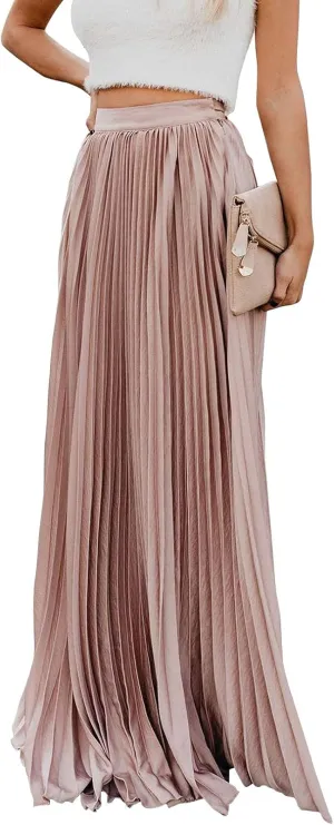 yoeasy Women's Casual Solid Longline Pleated Long Skirt Elastic Waist Chiffon Flowy Maxi Skirts
