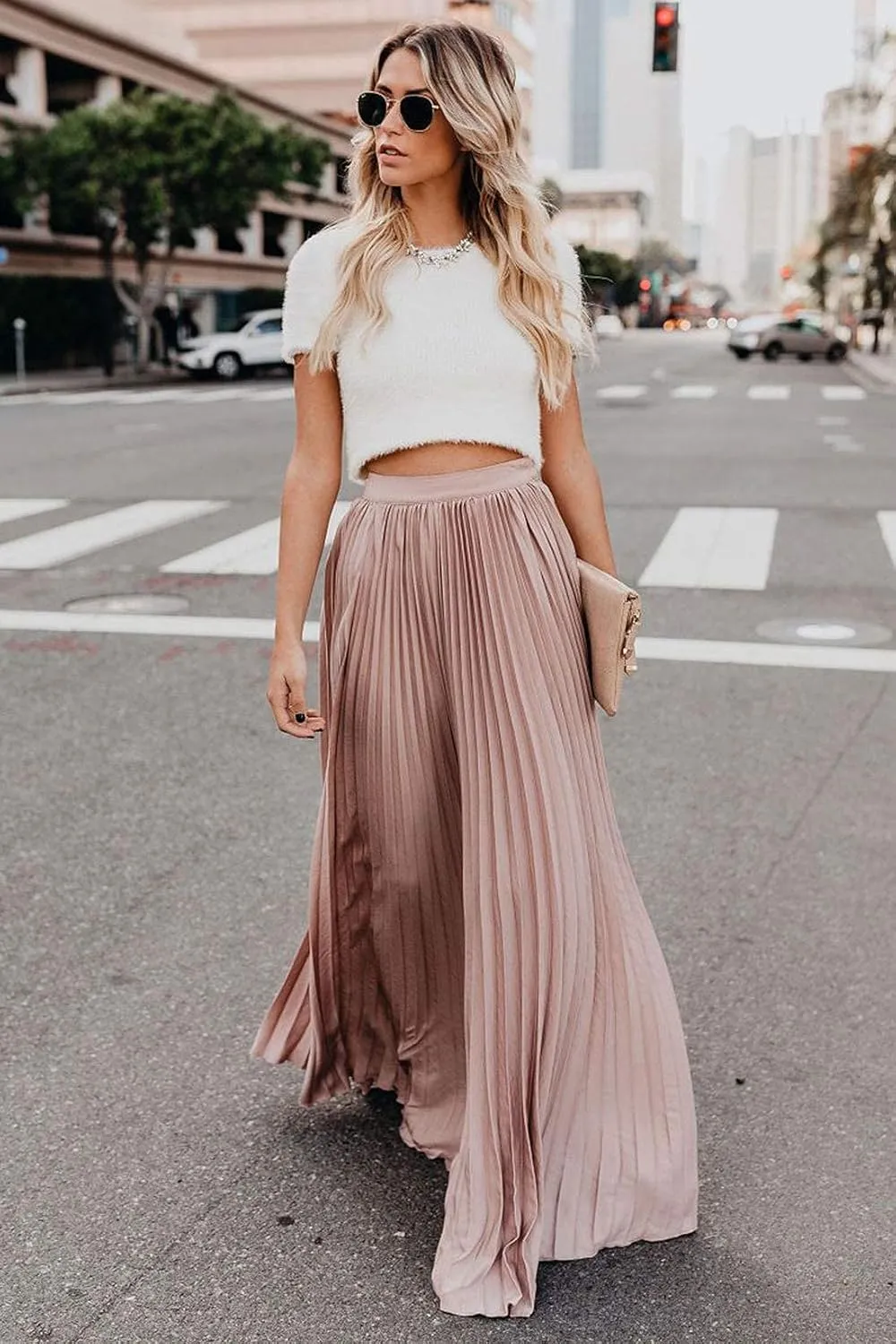yoeasy Women's Casual Solid Longline Pleated Long Skirt Elastic Waist Chiffon Flowy Maxi Skirts