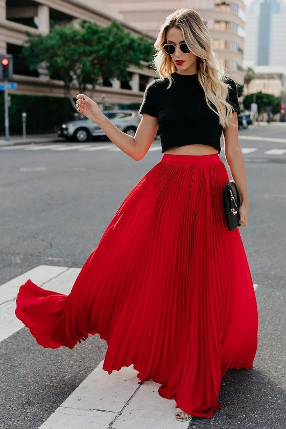 yoeasy Women's Casual Solid Longline Pleated Long Skirt Elastic Waist Chiffon Flowy Maxi Skirts