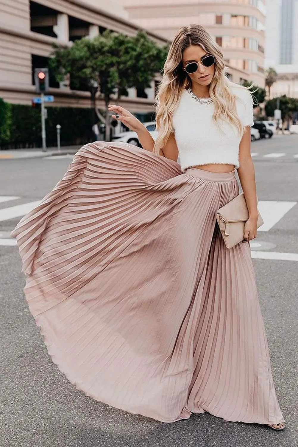 yoeasy Women's Casual Solid Longline Pleated Long Skirt Elastic Waist Chiffon Flowy Maxi Skirts