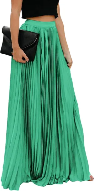 yoeasy Women's Casual Solid Longline Pleated Long Skirt Elastic Waist Chiffon Flowy Maxi Skirts