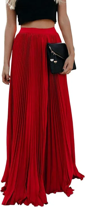 yoeasy Women's Casual Solid Longline Pleated Long Skirt Elastic Waist Chiffon Flowy Maxi Skirts