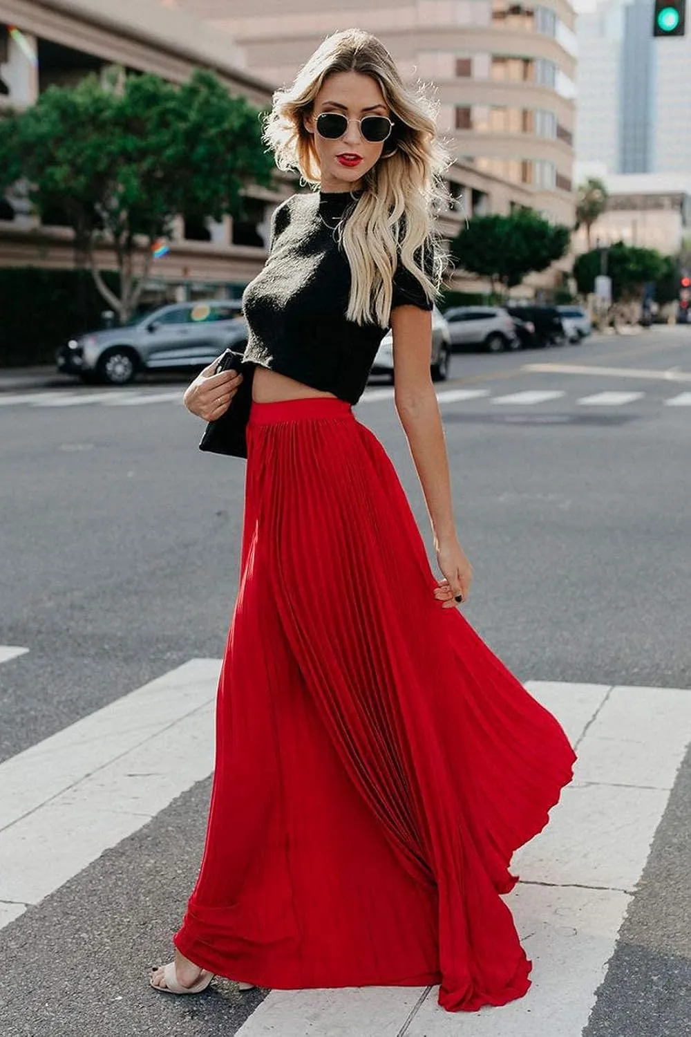 yoeasy Women's Casual Solid Longline Pleated Long Skirt Elastic Waist Chiffon Flowy Maxi Skirts