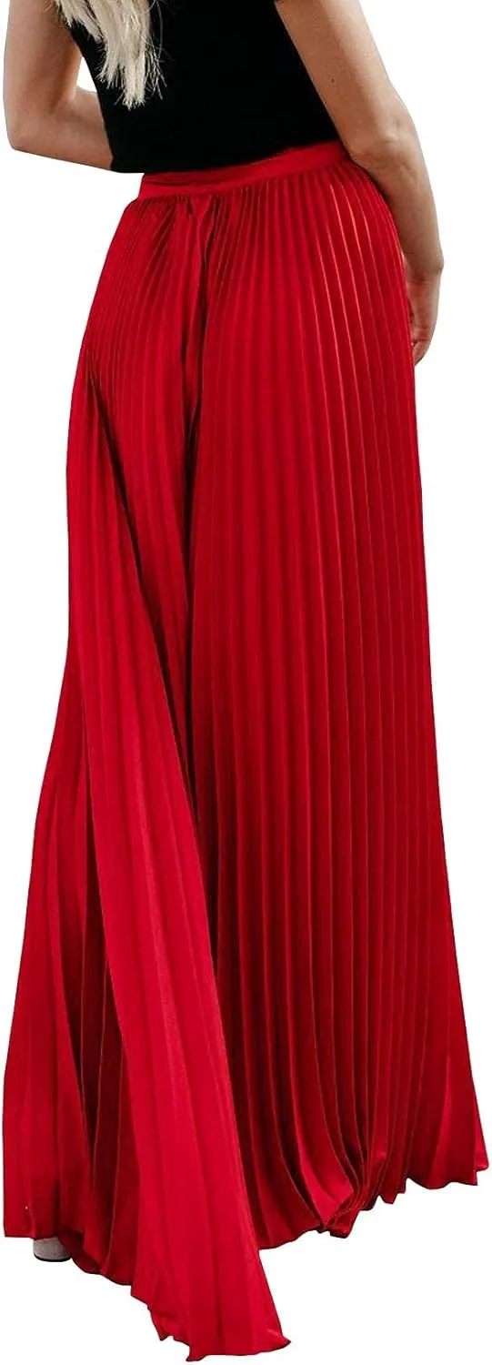 yoeasy Women's Casual Solid Longline Pleated Long Skirt Elastic Waist Chiffon Flowy Maxi Skirts